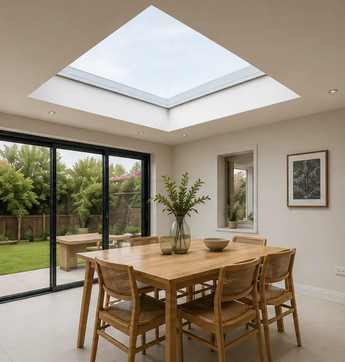 A dining room in a rear extension lit by a flat rooflight, garden doors open to the lawn