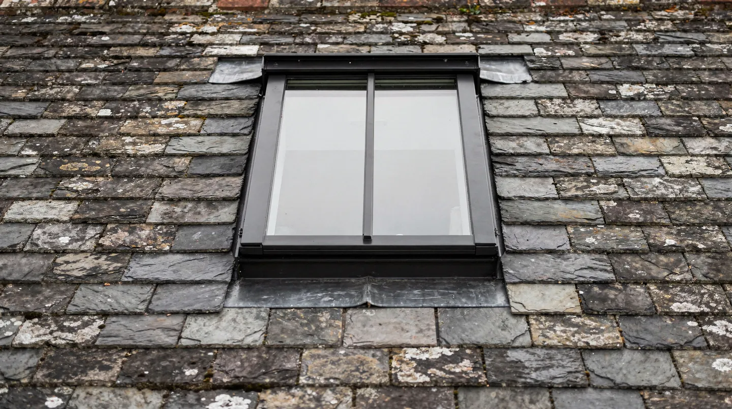 A close view of a slim black rooflight with a vertical bar, set into a slate roof