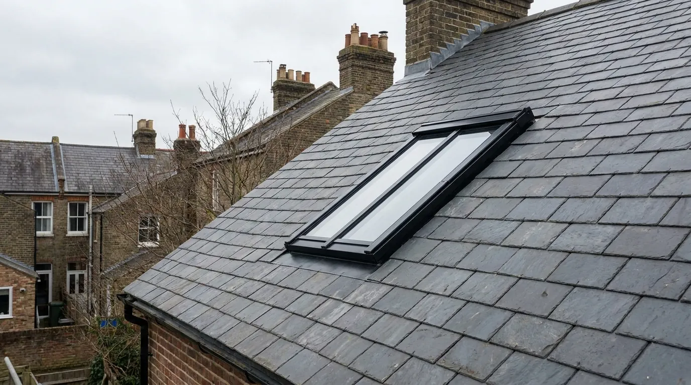 A black two-pane rooflight set low in the slates of a Victorian terrace