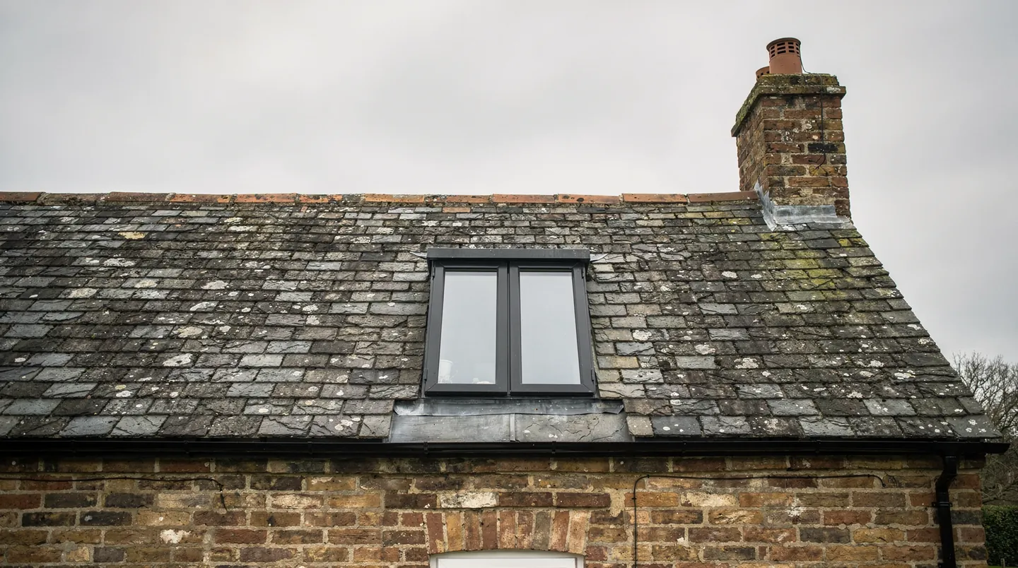 Narrow conservation rooflight, divided by a single bar, in an old slate roof
