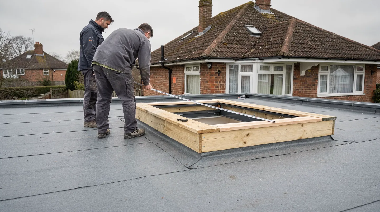 A builder and a rooflight fitter checking a kerb on a flat roof deck before any glass is fitted
