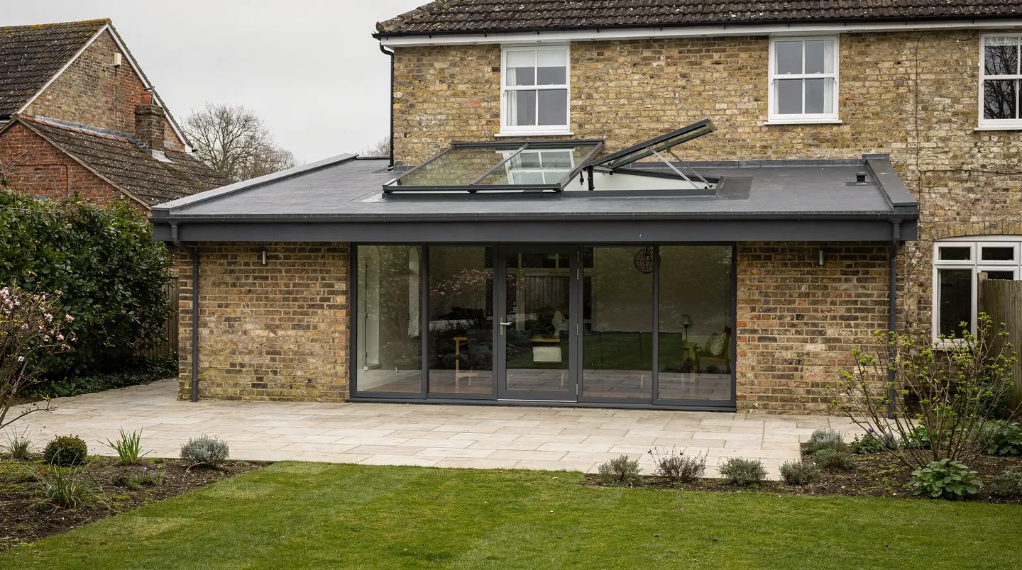 One section of a rooflight opened from the garden to let warm air out