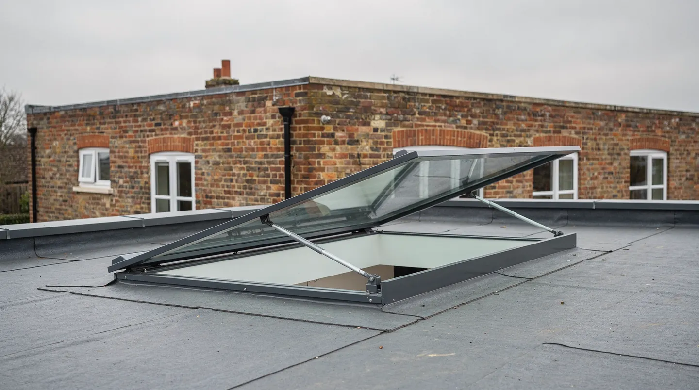 An opening rooflight raised on its arms for ventilation, seen from the roof
