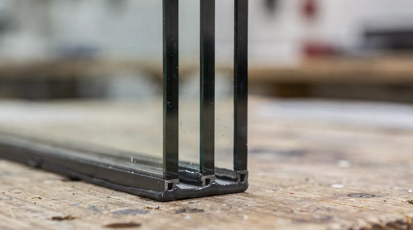 The edge of a triple glazed unit showing three panes and two sealed cavities