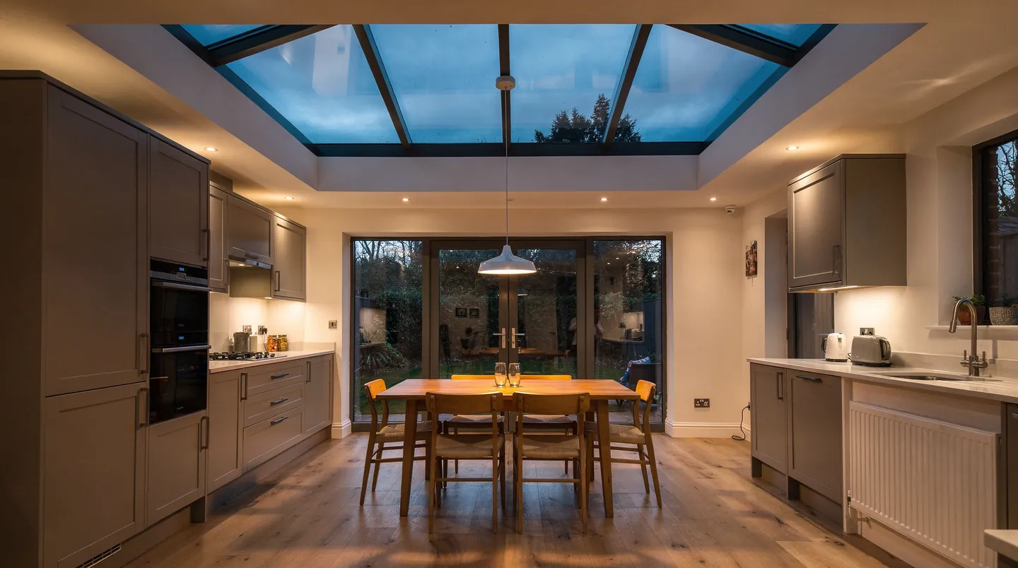 Warm kitchen lights glowing beneath a roof lantern as dusk falls