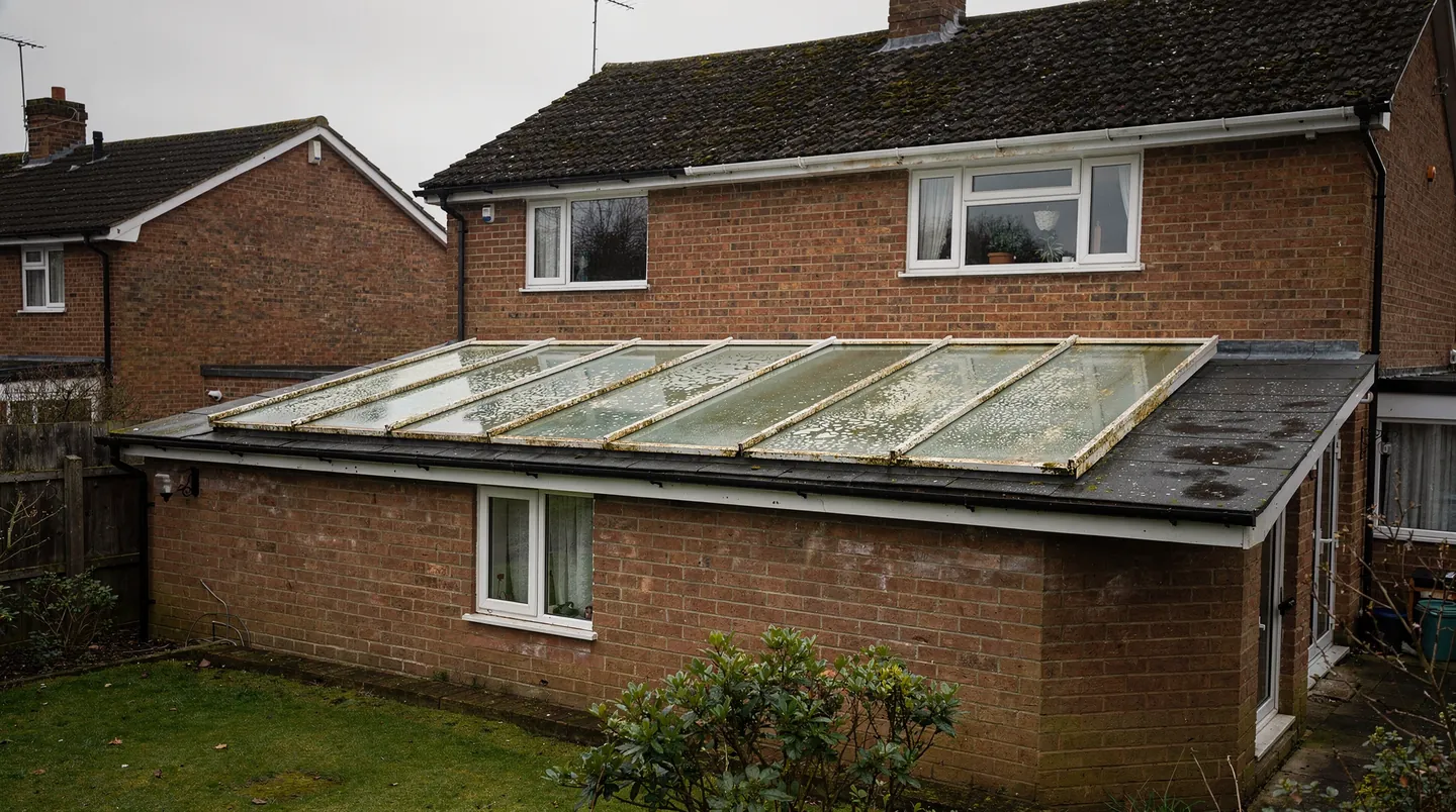 An ageing glass roof whose double-glazed units have gone cloudy