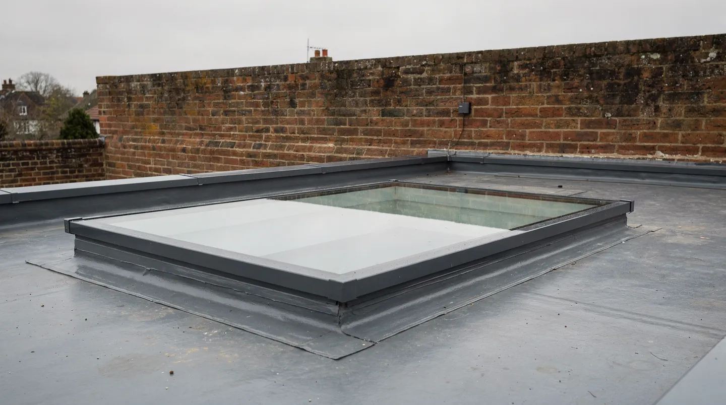 A flat rooflight after replacement, with clear glass with a new seal against the kerb