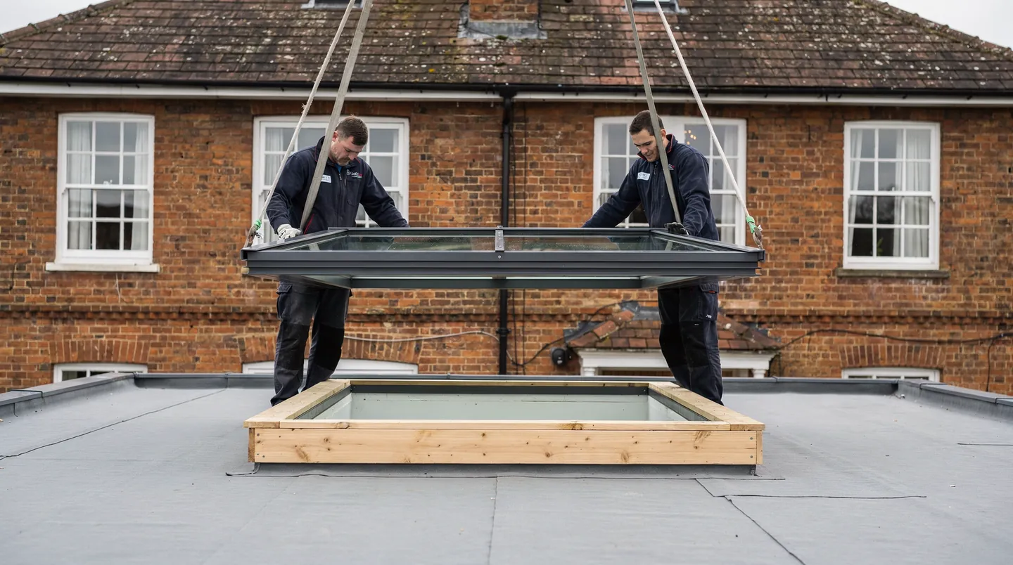 Fitters standing beside a glazed unit as it is lowered onto its kerb