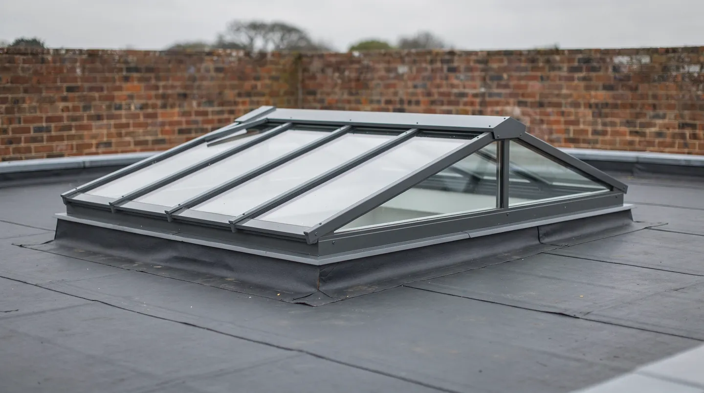 A hipped roof lantern with slim dark grey glazing bars on a new flat roof
