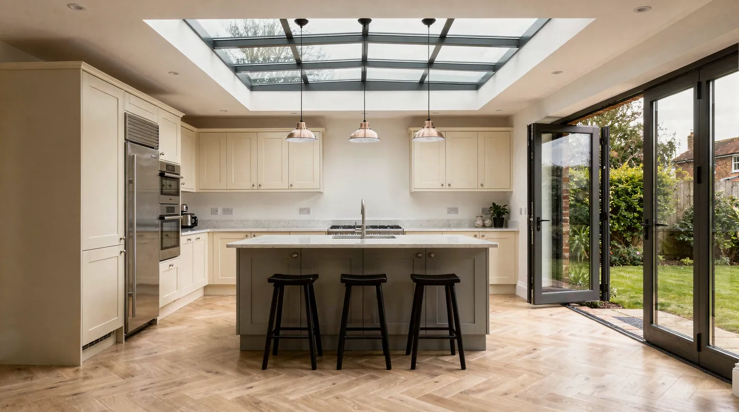 A kitchen island with three black stools under a large dark grey roof lantern