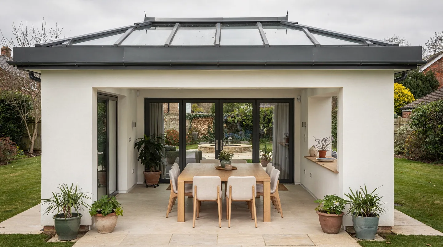 A rendered garden room with a roof lantern above the dining table and trees beyond the glass