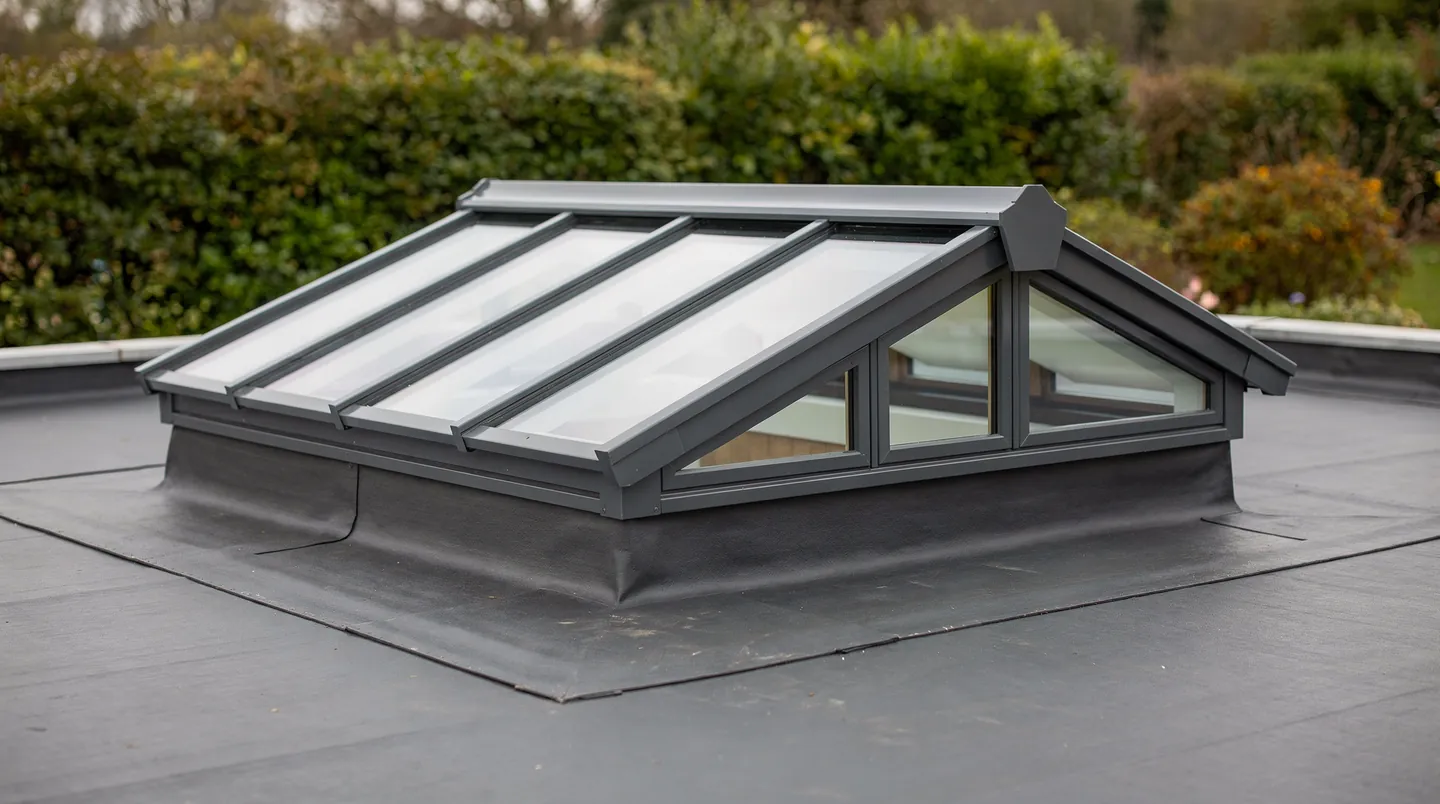 A gable-end roof lantern with dark grey frames on its upstand on a flat roof