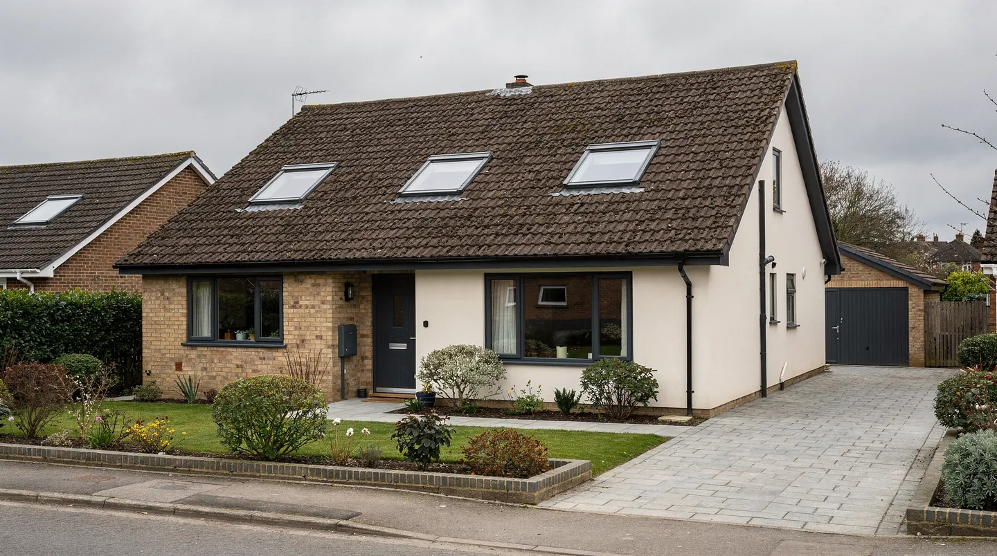 Three roof windows lined up across the front slope of a chalet bungalow