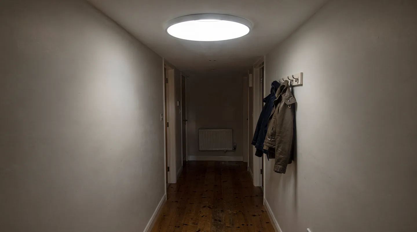 A narrow hallway lit by a round diffuser in the ceiling