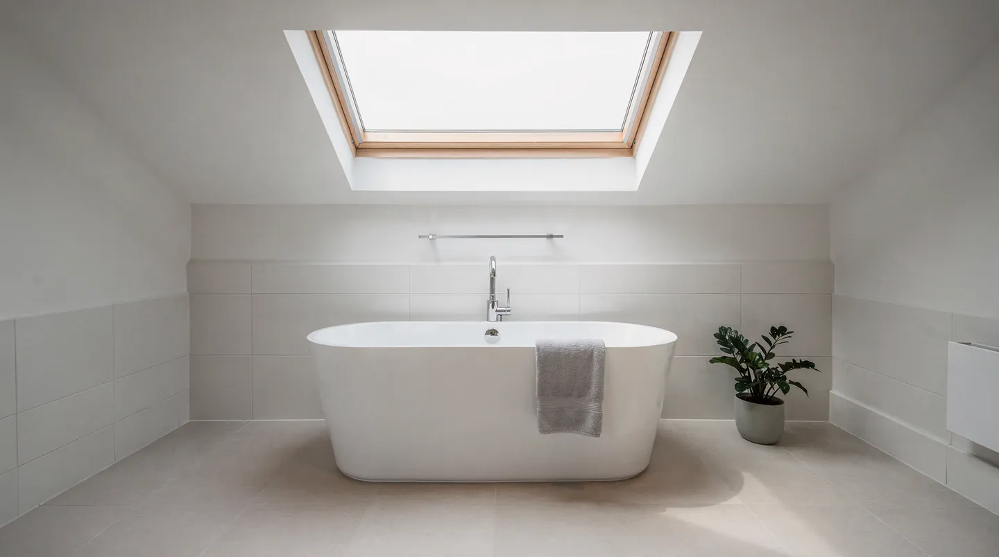A loft bathroom with the bath placed under a roof window