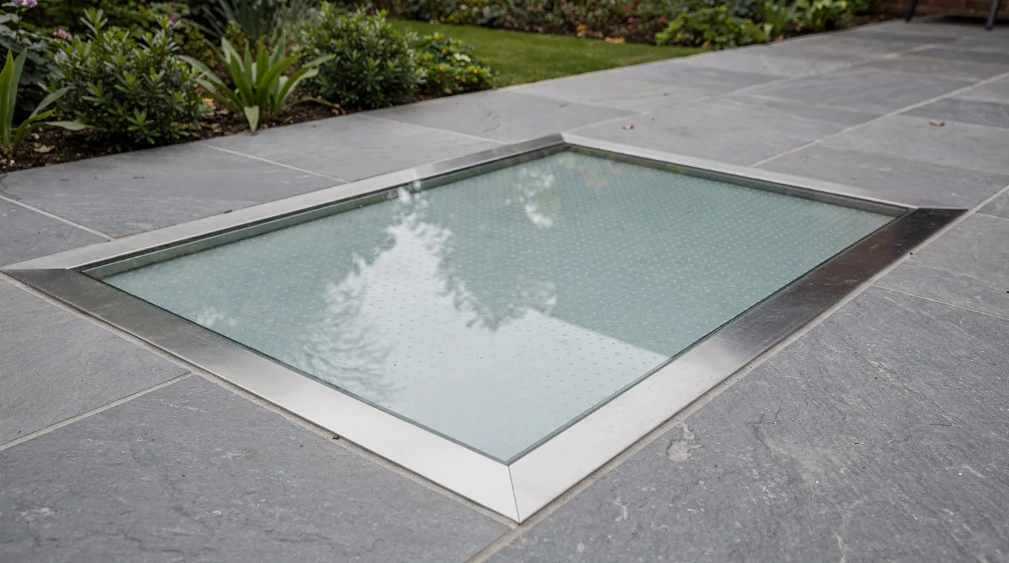 Anti-slip walk-on glass set level in a patio with a slim stainless steel edge