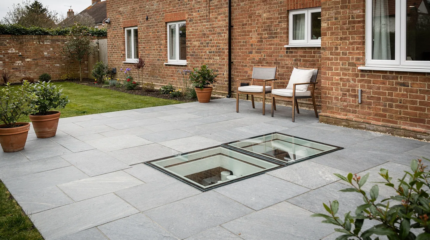 A garden patio with two flush glass panels over the room below