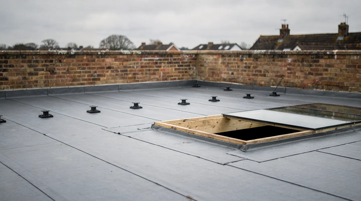 A flat roof with paving pedestals and a timber-framed opening waiting for a glass panel